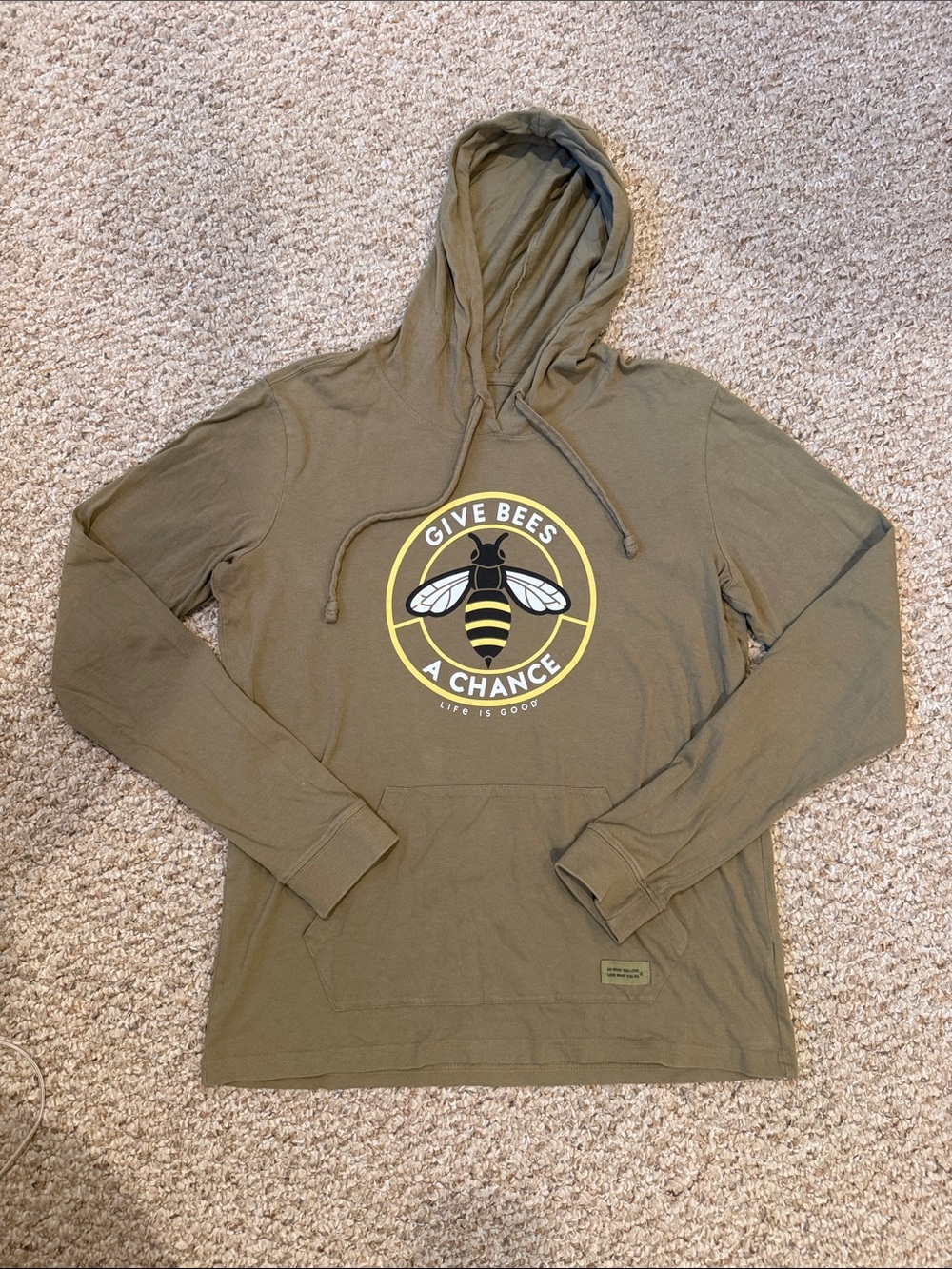 Life Is Good Olive Green Hooded Tee with Bee Graphic GIVE BEES A CHANCE